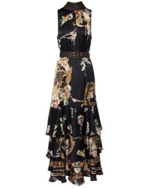 CAMILLA Belted Floral Tiered Silk Maxi Dress - Black