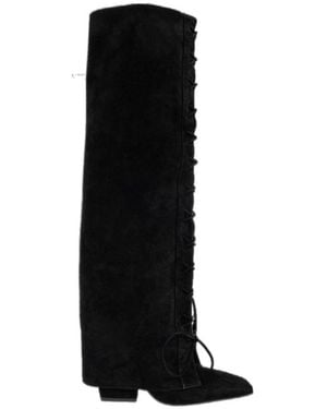 Paris Texas Jane Fold Over Lace-Up Boots - Black