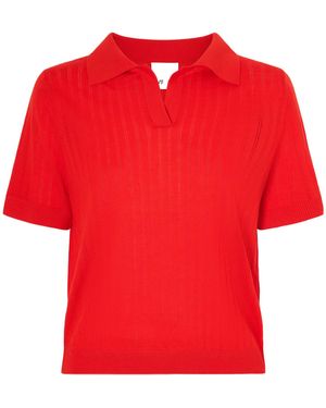 Allude Pointelle-Knit Wool Polo Top - Red