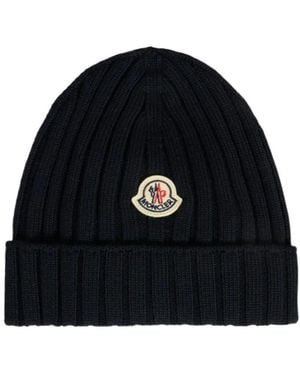 Moncler Ribbed Logo-Patch Beanie - Blue