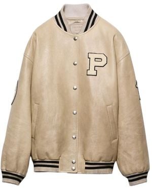 Prada Leather Bomber Jacket With Patch - Natural