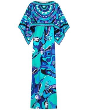 PUCCI Orchidee Print Silk Dress With Cape - Blue