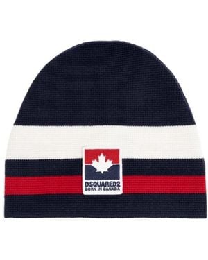 DSquared² Logo-Patch Striped Beanie Hat - Blue