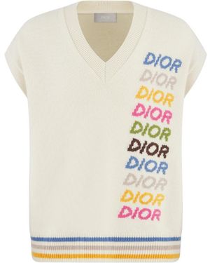 Dior Homme Logo Intarsia V-Neck Sweater - White