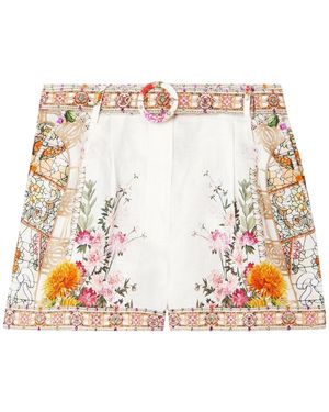 CAMILLA Belted Crystal-Embellished Floral-Print Linen Shorts - Multicolour