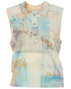 Ganni Printed Cashmere Sleeveless Polo - Blue