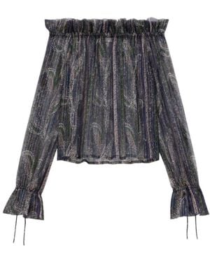 Saint Laurent Ruffled Off-Shoulder Blouse - Grey