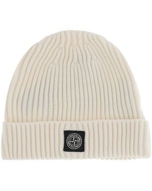 Stone Island Junior Logo-Patch Knitted Beanie - White