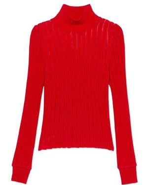 Blumarine High-Neck Semi-Sheer Ribbed Top - Red