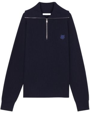 Maison Kitsuné Maison Kitsuné Fox-Patch Long-Sleeved Waffle-Knitted Jumper - Blue