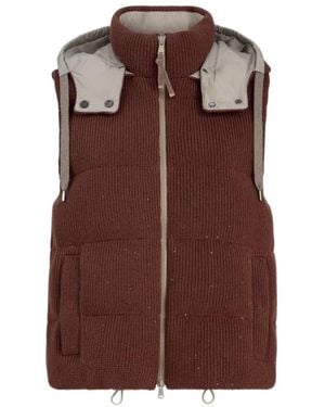 Brunello Cucinelli Hooded Ribbed Knitted Down Vest - Brown