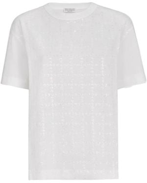 Brunello Cucinelli Cotton Jersey T-Shirt With Dazzling Windowpane Embroidery - White