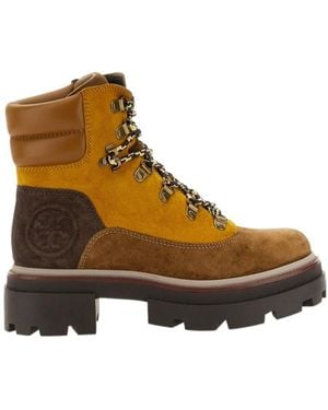 Tory Burch Logo Embossed Lace-Up Boots - Brown