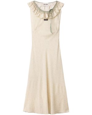 Miu Miu Embroidered Marocain Midi Dress - Natural