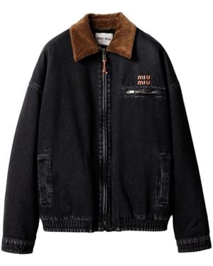 Miu Miu Logo-Patch Zipped Denim Padded Jacket - Black