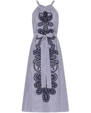 Carolina Herrera Belted Striped Embroidered Halterneck Midi Dress - Purple