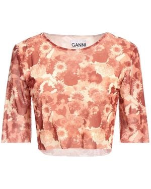 Ganni Floral Printed Cropped Mesh T-Shirt - Pink