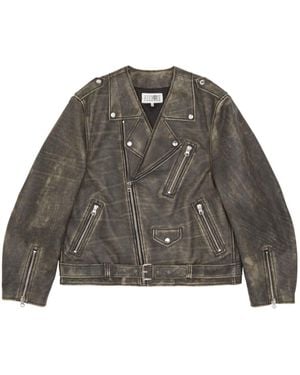 MM6 by Maison Margiela Distressed-Effect Buckle-Belted Leather Jacket - Grey