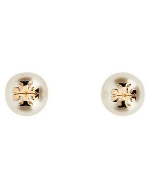 Tory Burch Kira Logo Plaque Pearl Earrings - Metallic