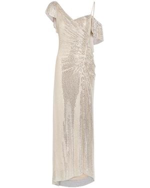 Self-Portrait Crystal-Embellished Asymmetric Stretch-Tulle Maxi Dress - White