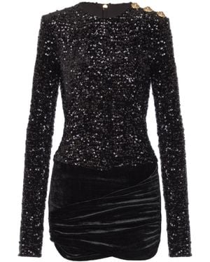 Balmain Short Draped Dress With Sequins And Velvet - Black