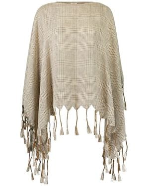 Brunello Cucinelli Prince Of Wales Fringed Poncho - Natural