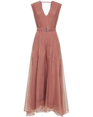 Brunello Cucinelli Crispy Silk Belted Long Dress With Monili - Pink