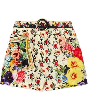 CAMILLA Belted Printed Linen And Silk-Blend Shorts - Red