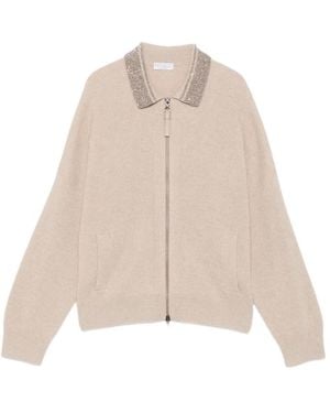 Brunello Cucinelli Collar-Embellished Zip-Up Cardigan - Natural