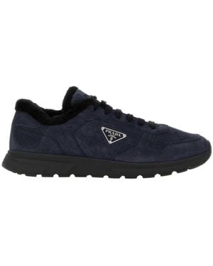 Prada Prax Winter Fur-Lined Low-Top Sneakers - Blue