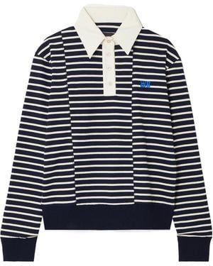 Wales Bonner Embroidered Stretch Cotton Poplin-Trimmed Striped Cotton-Jersey Polo Shirt - Blue