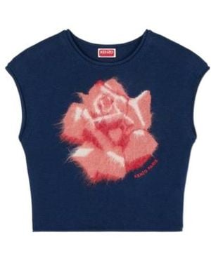 KENZO Floral Intarsia-Knit Cropped Top - Blue