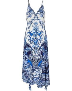 CAMILLA Crystal-Embellished Printed Silk Midi Dress - Blue