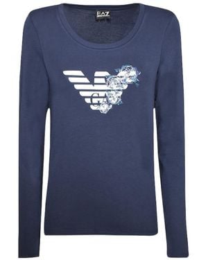 EA7 T-Shirt With Round Neck And Long Sleeves - Blue