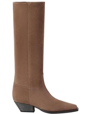 Brunello Cucinelli Suede Boots With Precious Heel - Brown