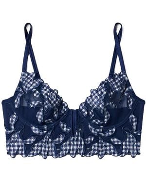 Fleur du Mal Embroidered Silk-Blend Satin Tulle Underwired Soft-Cup Bra - Blue