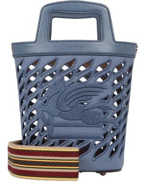 Etro Logo Embroidered Cut-Out Detailed Bucket Bag - Blue