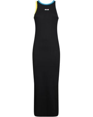 MSGM Logo Printed Side Slit Maxi Tank Dress - Black