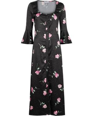 Ganni Satin Round-Neck Dress - Black