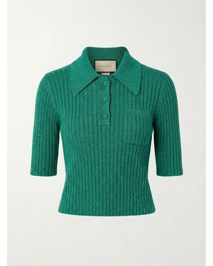 Gucci Ribbed-Lamé Cropped Polo Shirt - Green