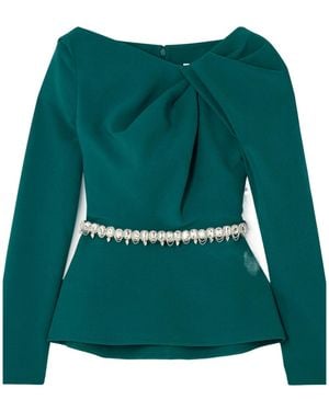 Safiyaa Manya Belted Draped Crystal-Embellished Stretch-Crepe Peplum Blouse - Green