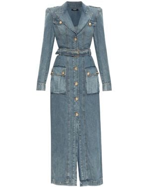 Balmain Belted Waist Long Denim Dress - Blue