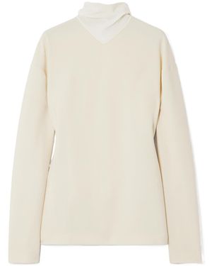 Carven Fringed Scarf-Detailed Silk-Trimmed Wool-Blend Blouse - White