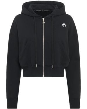 Marine Serre Logo Detailed Zip-Up Hoodie - Black
