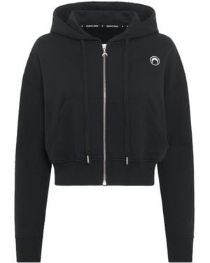 Marine Serre Moon Logo Fleece Cropped Zipped Hoodie - Black
