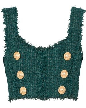 Balmain Tweed Crop Top - Green