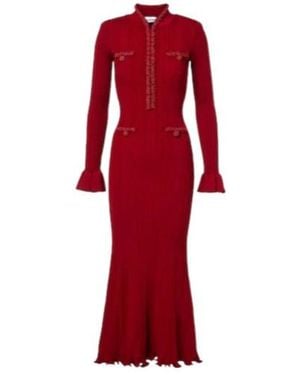 Self-Portrait Beaded Ribbed-Knit Midi Dress - Red