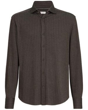 Brunello Cucinelli Virgin Wool, Silk And Cotton Chalk Stripe Piqué Shirt With Spead Collar - Gray