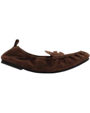 Burberry Logo Plaque Ruched Ballerinas - Brown