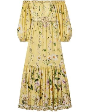 CAMILLA Off-The-Shoulder Gathered Floral-Print Linen And Silk-Blend Maxi Dress - Yellow